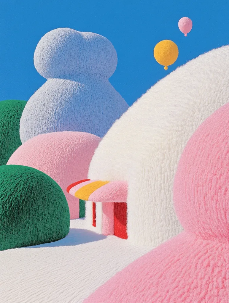 The image shows a surreal landscape made up of soft, fluffy, colorful shapes. There are large, rounded hills in shades of pink, white, blue, and green. A small, striped building with a colorful awning sits at the base of the white hill. Three balloons float in a clear blue sky above. The scene has a playful, whimsical feel, like a child's dream.