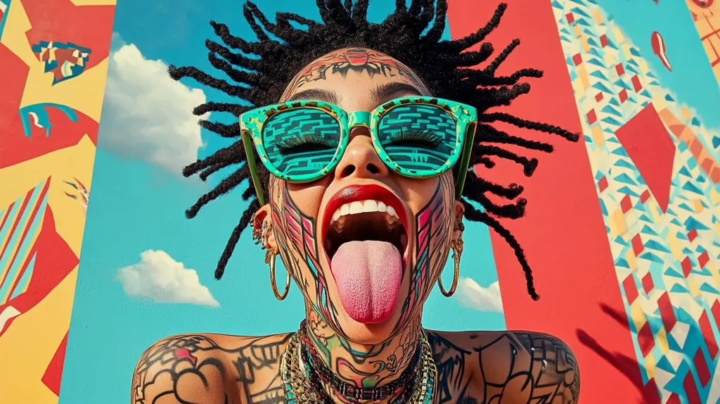 A person with dreadlocks and colorful tattoos on their face and body is wearing green sunglasses and sticking their tongue out. They are standing in front of a brightly colored wall with geometric patterns. The background is a blue sky with a white cloud. The person has a confident and playful expression.  The overall image is vibrant and energetic, suggesting a sense of individuality and self-expression.