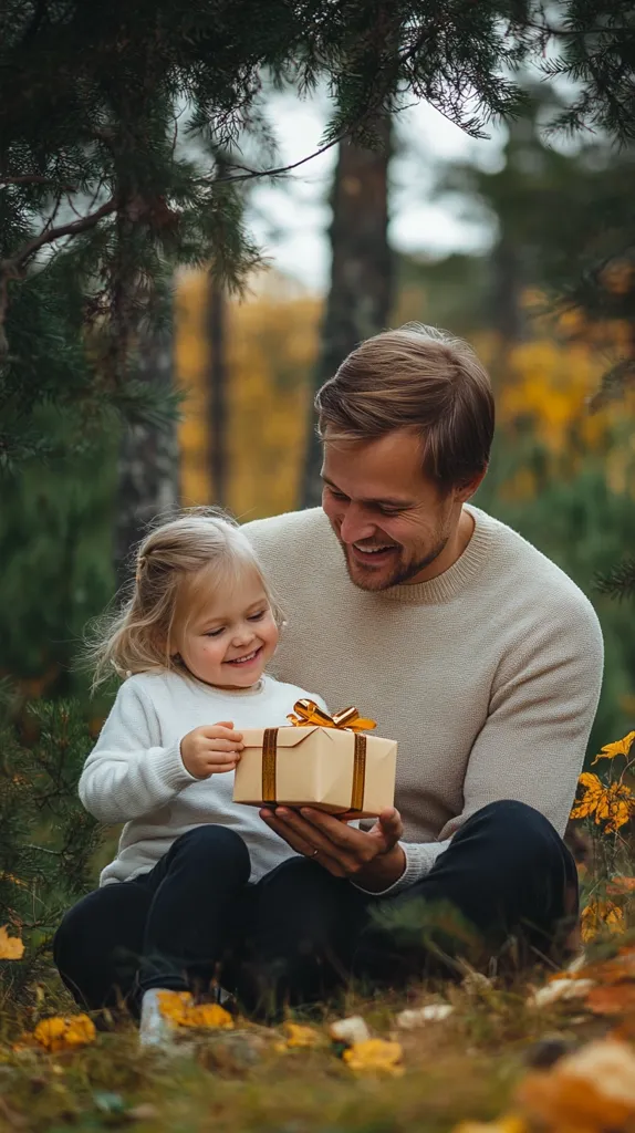 A man is sitting on the ground in a forest with a little girl. He is smiling and holding a small wrapped gift. The little girl is looking at the gift with a smile on her face. The forest is in the background with fall foliage on the ground. It is a happy and joyous moment.