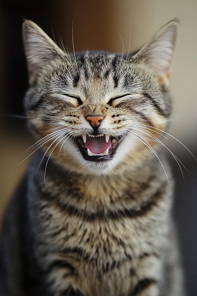 A tabby cat with closed eyes and a wide open mouth, revealing its teeth, is captured in a close-up shot. The cat's whiskers are prominent and the fur is soft and fluffy. The expression on its face suggests a mixture of joy and mischief. The background is blurred, creating a focus on the cat. The image is a playful portrayal of feline expressions.