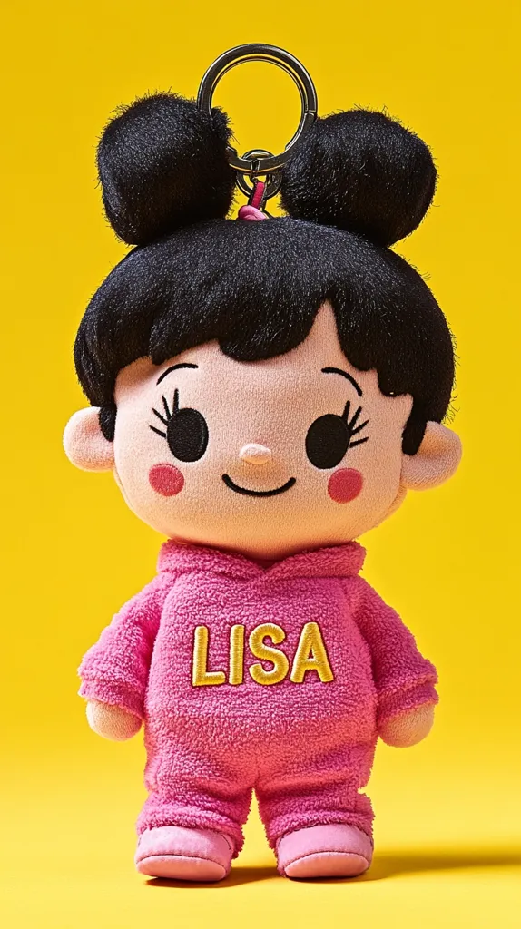The image shows a plush toy keychain shaped like a girl with black hair in pigtails. The keychain is dressed in pink pajamas with the name "Lisa" embroidered on the front. The keychain is standing on a yellow background.