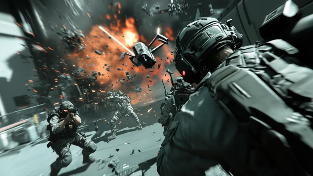 The image is a close-up shot of a soldier in a futuristic, high-tech suit, aiming a weapon. In the background, there's a large explosion, debris flying through the air, and another soldier running and firing. A drone is also flying in the sky. The scene is chaotic and intense, suggesting a battle or conflict is taking place.