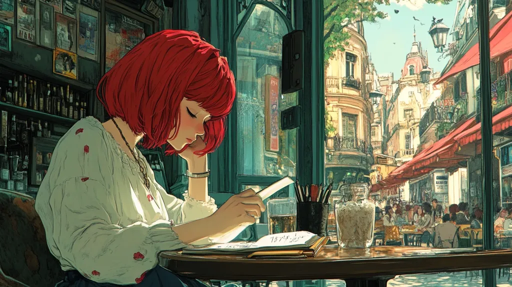 A young woman with bright red hair sits by a window, reading a letter. She is in a cafe, and the bustling city street is visible through the window. The cafe is warm and inviting, and the woman seems lost in thought as she reads. Outside, the sun shines brightly and the city is full of life. The image is a beautiful and serene depiction of a moment of peace and solitude.