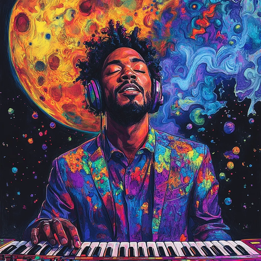 The image is a colorful, psychedelic portrait of a man with headphones playing a keyboard. He is wearing a brightly colored suit and surrounded by a swirling nebula and stars. The image is full of vibrant colors and textures and creates a dreamy and otherworldly atmosphere. The man's eyes are closed as he focuses on the music, suggesting a deep connection with the sounds he is creating. The overall impression is one of creativity, imagination, and the power of music to transport us to other realms.