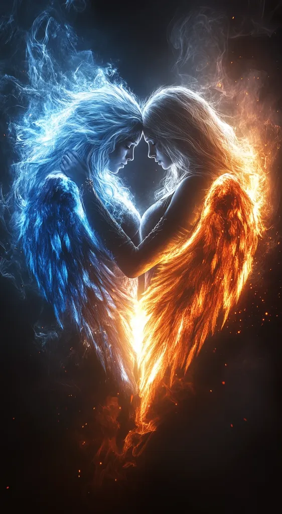Two women, one with blue hair and ice-like wings and one with fiery orange hair and wings, are embracing against a dark background. They are both glowing with their respective elements. They appear to be facing each other, their foreheads touching, as if they are in a state of deep connection.  The image evokes a sense of contrast and harmony between opposing forces.