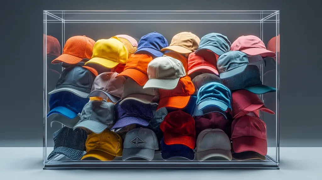 A clear acrylic cube display case holds a colorful collection of baseball caps. The caps are stacked on top of each other in a random fashion, creating a vibrant and chaotic arrangement. The display highlights the diversity of colors and designs, offering a visual feast for the eyes. The caps are a mix of different brands and styles, showcasing a range of tastes and preferences.