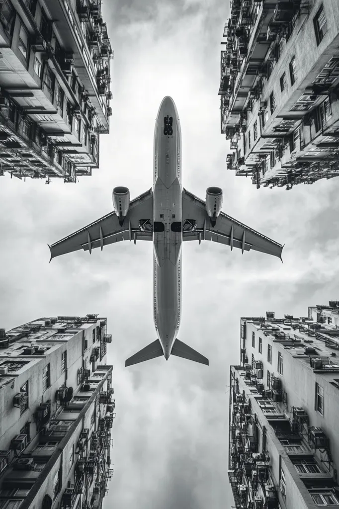 A black and white photograph captures a plane flying directly overhead between two tall apartment buildings. The plane is in focus, while the buildings appear slightly out of focus, creating a sense of depth and perspective. The overcast sky adds to the overall dramatic and slightly eerie feel of the image.