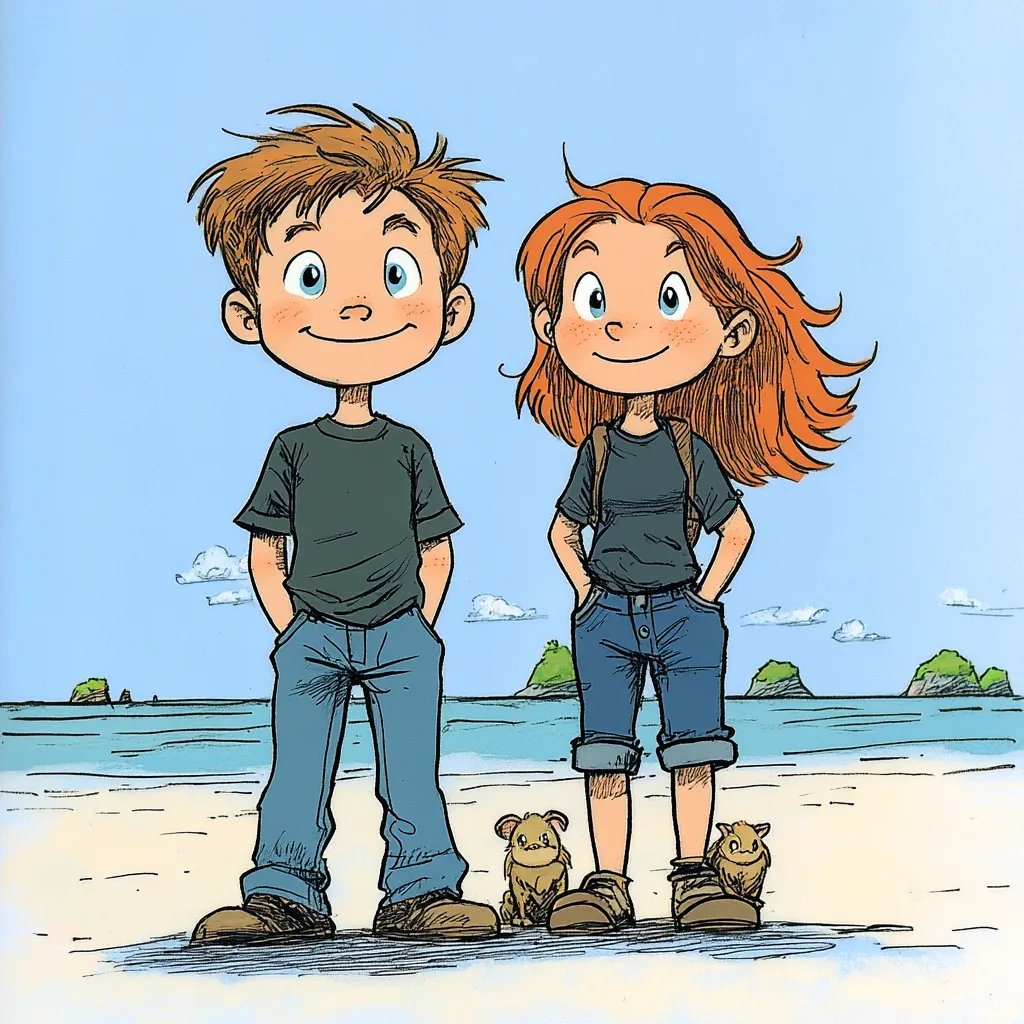 A boy and a girl stand on a beach with two small brown animals in front of them. They are both wearing casual clothes. The boy has brown hair, while the girl has red hair. There are small islands and clouds in the background.  The sky is blue and the water is turquoise. The overall scene is cheerful and relaxed.