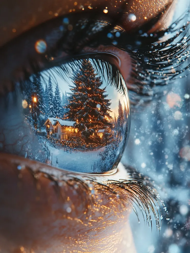 A close-up image of an eye with a reflection of a snowy winter scene. A large, illuminated Christmas tree is the focal point of the reflection, surrounded by snow-covered trees and a quaint house. The image captures a sense of wonder and the magic of the holiday season.  The eyelashes are long and thick, framing the eye and reflecting the snow falling in the background.