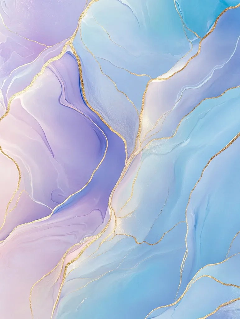 The image features an abstract design with a mix of light blue, purple, and white colors. The design is formed by flowing, organic shapes that resemble waves or clouds. The colors blend seamlessly, creating a soft and dreamy effect. Delicate golden lines accentuate the shapes and add a touch of shimmer to the background. The overall impression is one of serenity and tranquility.