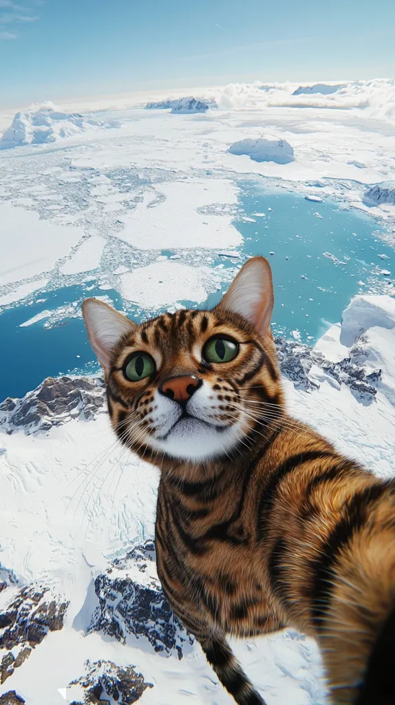 A brown tabby cat with green eyes takes a selfie in front of a snowy, mountainous landscape. The cat's face fills most of the frame, with the frozen terrain visible behind it. The background features a vast expanse of white snow and ice, with hints of blue water in the distance. The cat's curious expression and the dramatic scenery create a whimsical and surreal image.