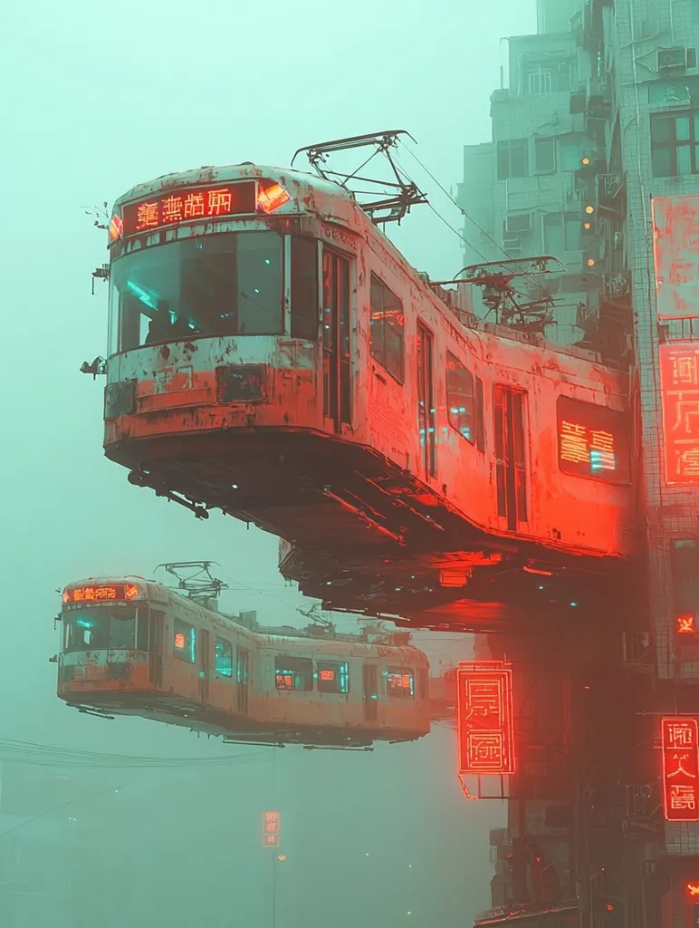 A futuristic cityscape is shrouded in fog and bathed in a red glow. A red train, with a destination sign in Japanese characters, hangs suspended above the street, seemingly floating between towering buildings. Below it, another, smaller train, appears to be doing the same. The scene is bathed in an eerie, neon-lit atmosphere, suggesting a cyberpunk aesthetic. The red signage and the Japanese characters add to the sense of a foreign and futuristic setting.