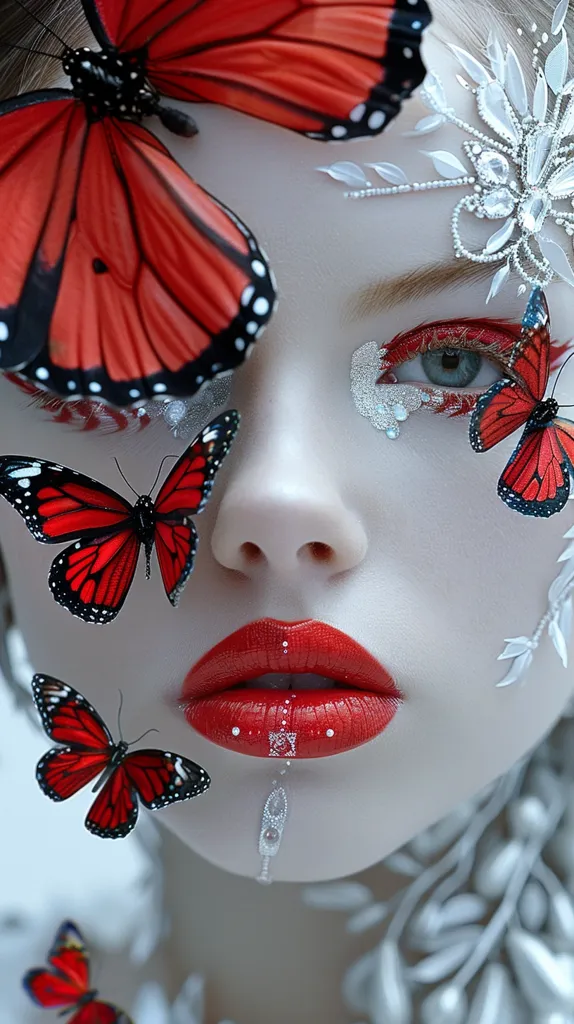 A woman's face is adorned with red butterflies, sparkling jewels, and intricate white designs. Her eyes are captivating, with bold red eyeshadow and a touch of glitter. The vibrant colors of the butterflies contrast beautifully with the delicate white details, creating a captivating and ethereal aesthetic.