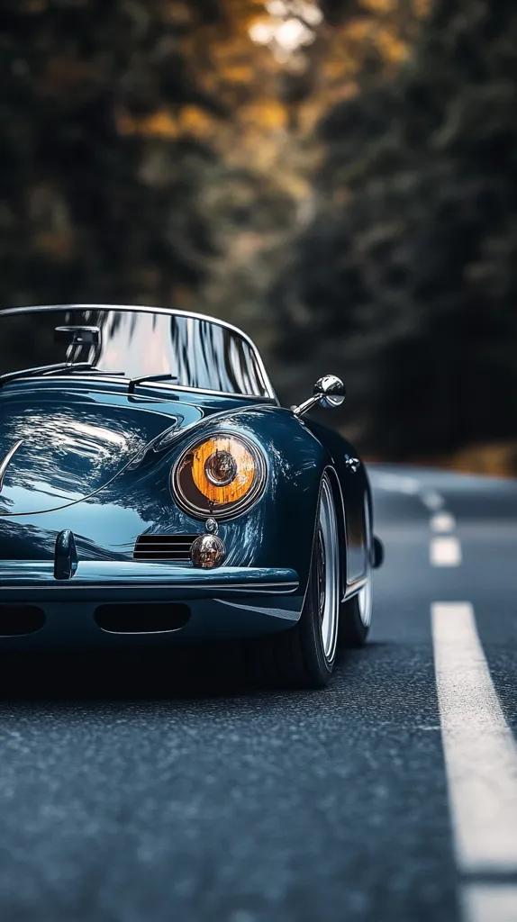 A classic, dark blue Porsche 911 is driving down a winding road. The car's headlights illuminate the road ahead, and its front bumper and side mirror are visible. The background is a blurry forest, providing a sense of depth and atmosphere. The photo captures the timeless beauty and elegance of the iconic sports car.