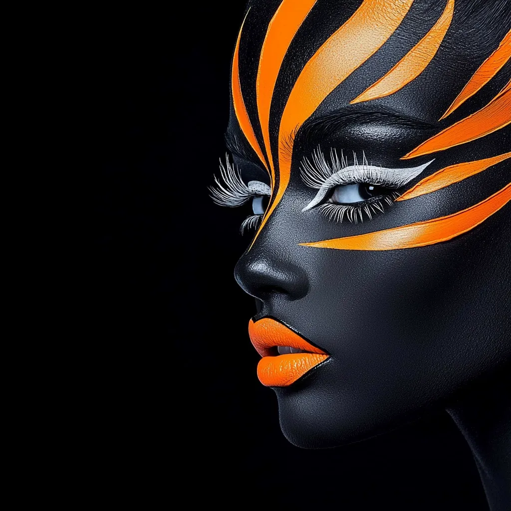 A woman's face is painted with bold black and orange stripes, creating a striking and abstract look. Her eye makeup is dramatic, with thick black lashes and white eyeliner. Her lips are painted a bright orange, adding a pop of color to the overall design. The image is set against a dark background, enhancing the contrast between the colors and creating a sense of mystery and intrigue.