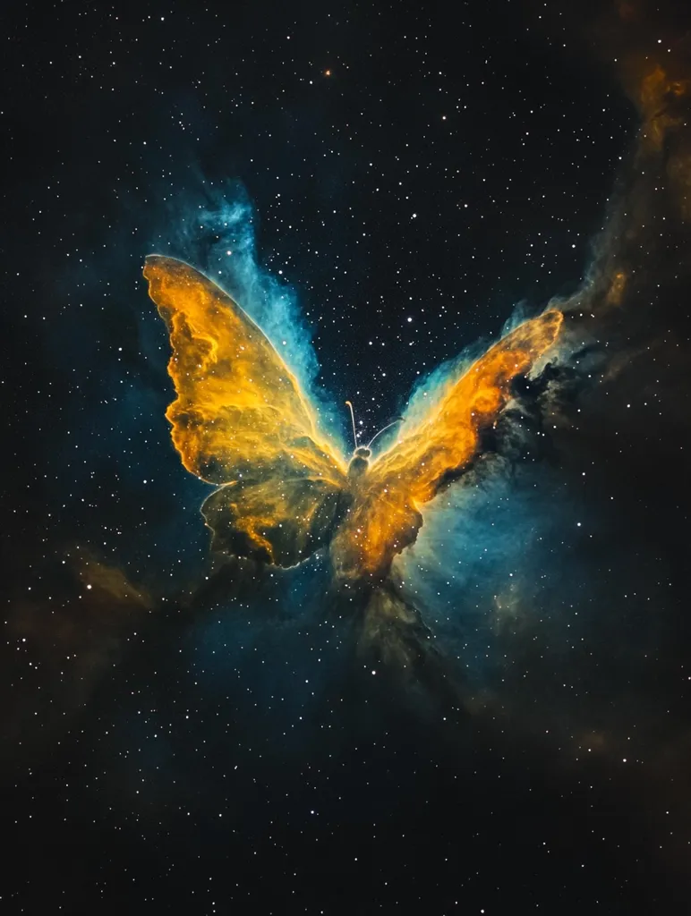 A vibrant, golden butterfly nebula with teal accents floats in a vast, star-filled cosmos. The butterfly's wings are formed by swirling clouds of gas and dust, illuminating the dark expanse of space. Tiny, glittering stars dot the background, creating a celestial tapestry. The image evokes a sense of wonder and the vastness of the universe.