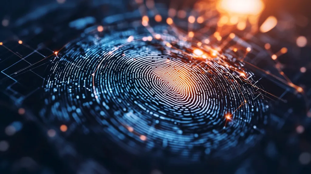 A close-up of a digital fingerprint, rendered in a futuristic style.  The fingerprint is surrounded by a network of glowing lines and dots, suggesting a connection to a larger system. The image evokes themes of technology, security, and identity.