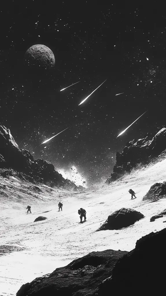 The image is a black and white depiction of a desolate, snowy landscape under a starry sky.  A large, cratered moon hangs in the night sky, and several shooting stars streak across the dark expanse.  Four figures, silhouetted against the snow, trek across a barren, rocky valley.  The scene is both eerie and strangely beautiful.