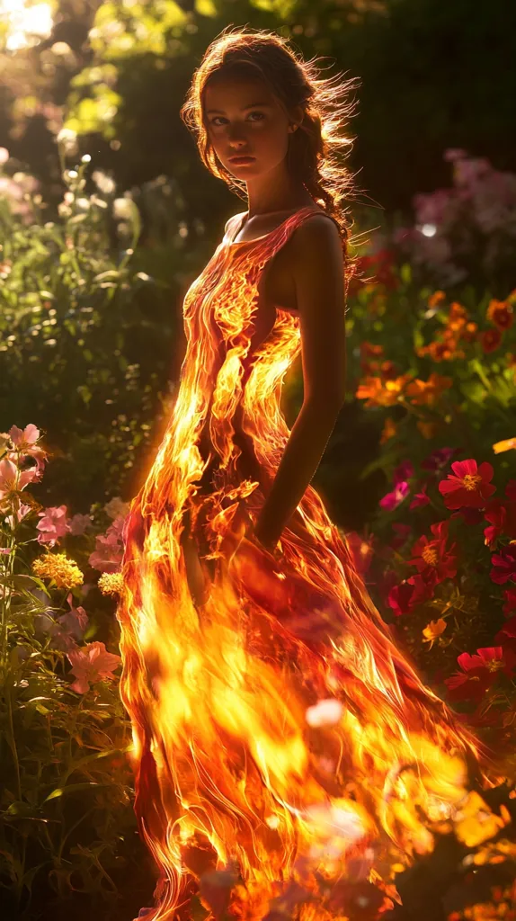 A young woman with long brown hair stands in a garden, her dress appears to be made of fire. The flames dance around her, creating a mesmerizing and ethereal effect. The background is blurred, with hints of green and orange, further emphasizing the fiery nature of her attire. The image evokes a sense of power and intensity, a captivating blend of beauty and danger.