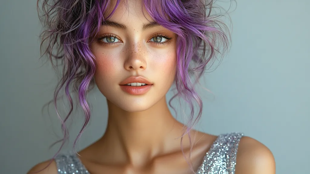 The image shows a young woman with bright purple curly hair and a light-colored, sparkly top. She has fair skin with freckles and light eyes. She is looking directly at the camera with a slight smile. The background is a soft, light blue. The image is a close-up, focusing on her face and hair. The overall mood is one of soft beauty and confidence.