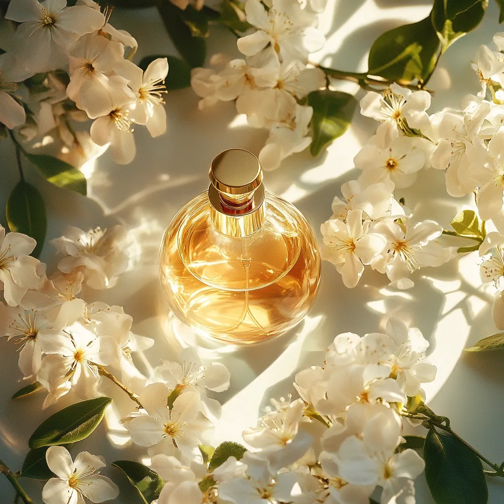 A round glass bottle of perfume sits on a white surface surrounded by white blossoms. The bottle is gold-capped and filled with a light amber liquid. The flowers are arranged in a circular pattern, and their petals are soft and delicate. The image is bathed in a soft, warm light.  The overall impression is one of beauty and elegance, suggesting a fragrance that is both fresh and sophisticated.