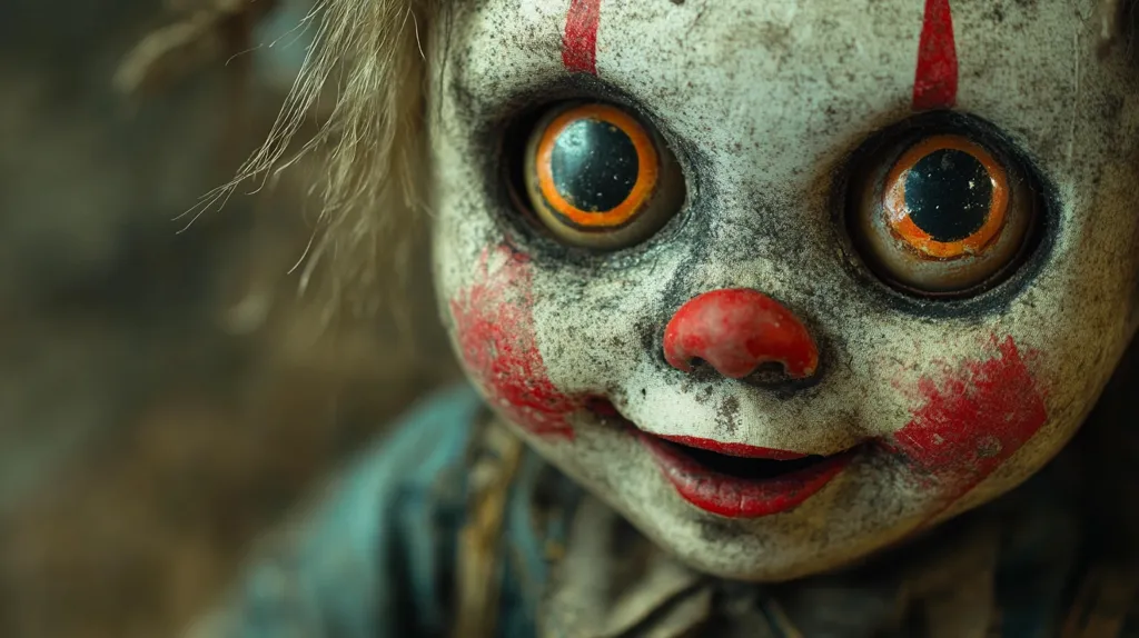 The image shows a close-up of a creepy doll's face. The doll has large, empty eyes with orange irises and a wide, unsettling smile. Its skin is pale and dirty, with red clown makeup smeared on its cheeks and nose. The doll's hair is long and stringy, adding to its eerie appearance. The overall tone of the image is unsettling and suggests a feeling of dread.
