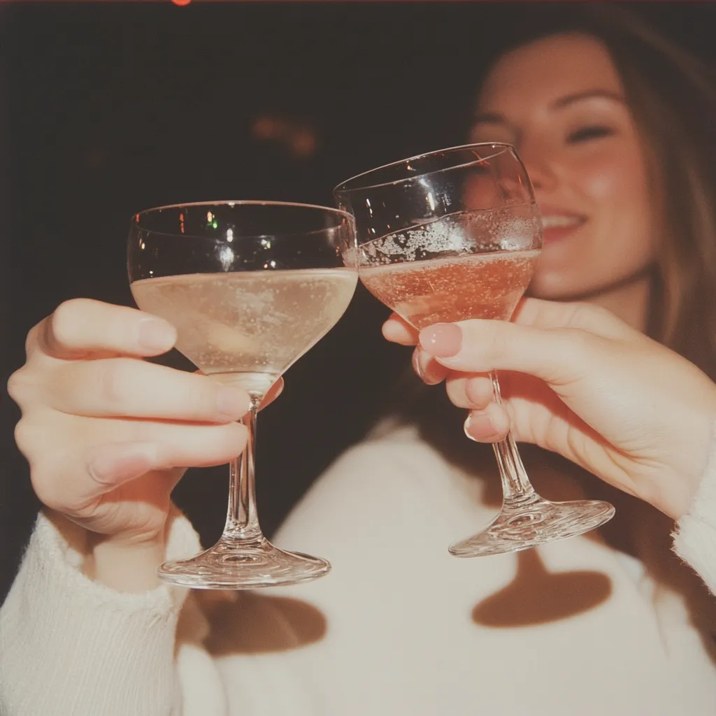 Two people are toasting with glasses of champagne. The person in the foreground is holding a glass of champagne with a light yellow liquid. The person in the background is holding a glass of champagne with a pink liquid. Both are smiling and appear to be enjoying each other's company. The photo is taken in a dimly lit setting.