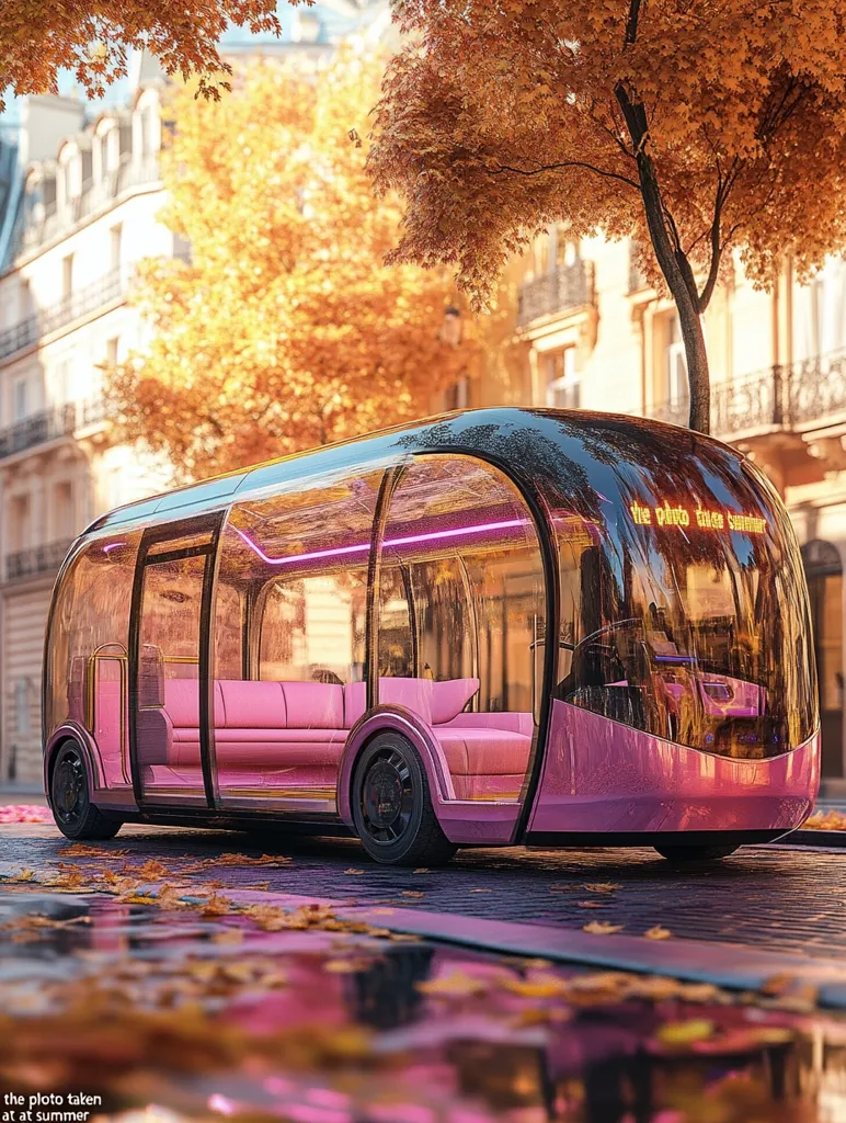 A futuristic, pink, transparent bus is parked on a city street. It's a sunny day with a vibrant autumn backdrop of yellow leaves. The bus has a sleek, modern design, with large windows and a comfortable-looking interior.  The bus is parked near a tree with orange leaves,  adding a touch of natural beauty to the scene.  The scene is futuristic and idyllic, suggesting a world where transportation is both stylish and environmentally friendly.