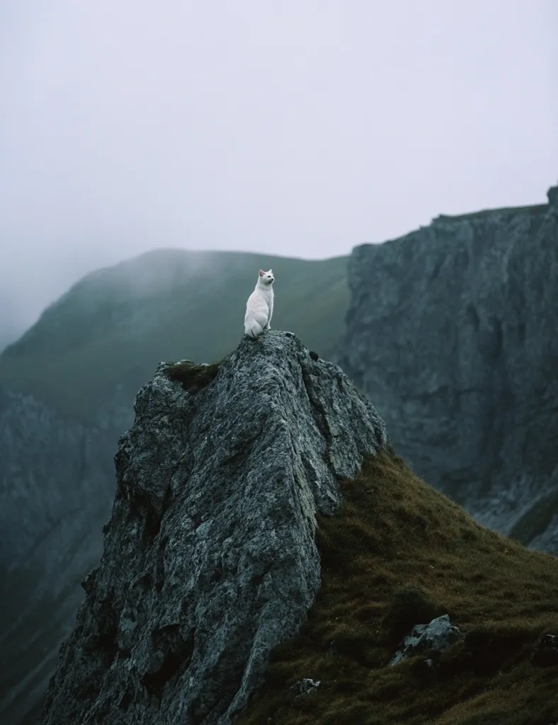 A white cat sits atop a rocky outcrop, its small form dwarfed by the vast, misty landscape. The mountainside is shrouded in fog, creating a sense of solitude and mystery. The cat's solitary presence adds a touch of whimsy to the otherwise rugged and wild scene.