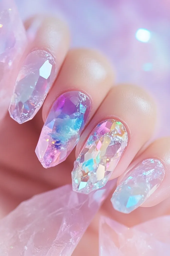 A close-up of a hand with four fingers adorned with intricate, iridescent nail art. The nails are shaped into crystal-like points, each covered in a dazzling array of glittery shards and holographic foil. The colors are predominantly soft pink, blue, and purple, creating a whimsical and ethereal effect. The image highlights the delicate beauty and intricate detail of this unique nail design.