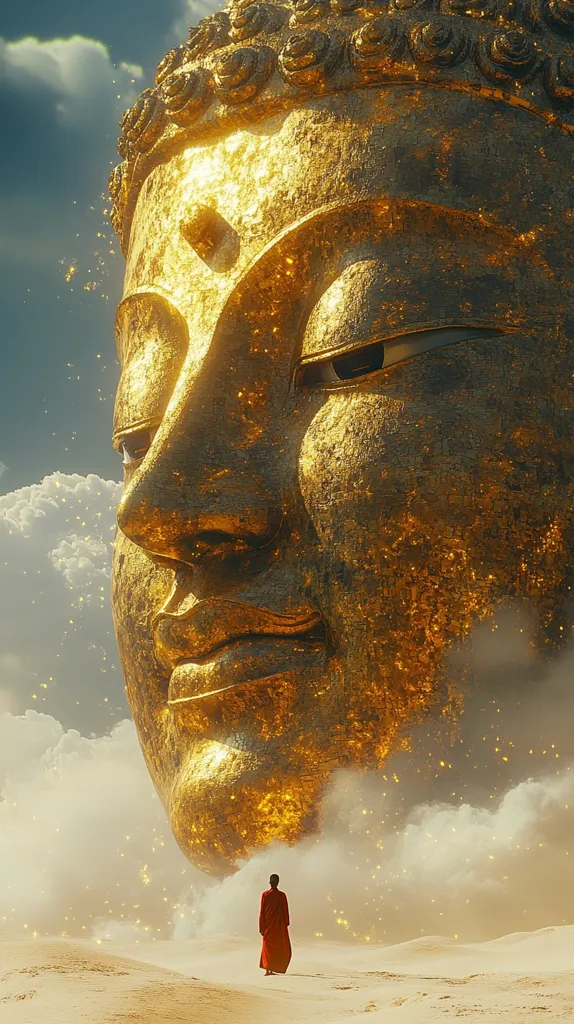 The image depicts a giant, golden Buddha head hovering in the sky above a desert landscape. The Buddha's face is serene and calm, with a slight smile playing on its lips.  A small figure, dressed in red robes, stands alone in the sand below, seemingly in awe of the magnificent statue. The scene is filled with a sense of peace and wonder, suggesting a spiritual connection between the Buddha and the individual. The golden hue of the Buddha and the soft, swirling clouds in the sky contribute to the image's ethereal and mystical atmosphere.