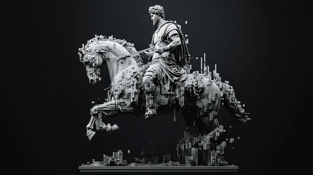 The image depicts a 3D rendering of a statue of a rider on horseback. The statue is made of blocks, which gives it a pixelated appearance, as if it were being constructed from digital data. The rider is wearing a toga and has a stern expression on their face, while the horse is in mid-stride, its muscles tensed and ready to leap forward. The background is dark and contrasting with the light grey statue. The image gives the impression of a monumental figure being brought to life in the digital age.
