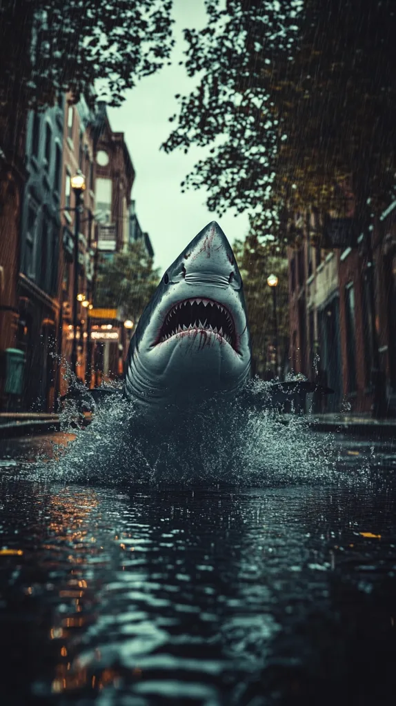 A great white shark with its mouth open wide, revealing sharp teeth, swims through a flooded city street. The city buildings are visible on either side of the street, with streetlights casting an eerie glow. The rain is falling heavily and the water is murky and choppy, creating a sense of danger and chaos. The image suggests a surreal or apocalyptic event.