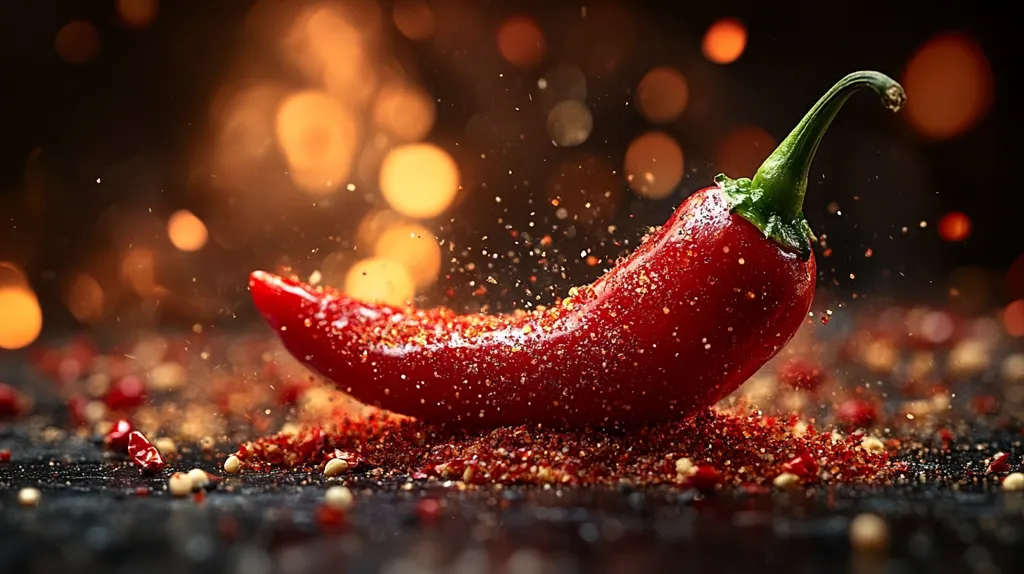 A bright red chili pepper, partially covered in red chili flakes, is lying on a dark surface, with a dark background blurred in the background. The pepper is facing the right, and a few flakes are in the air, which creates a sense of motion.  The red chili pepper is a symbol of spice and heat, while the dark background and blurred bokeh lights give a sense of mystery and excitement. The overall composition of the image is dynamic and inviting, capturing the essence of the spicy and flavorful nature of chili pepper.