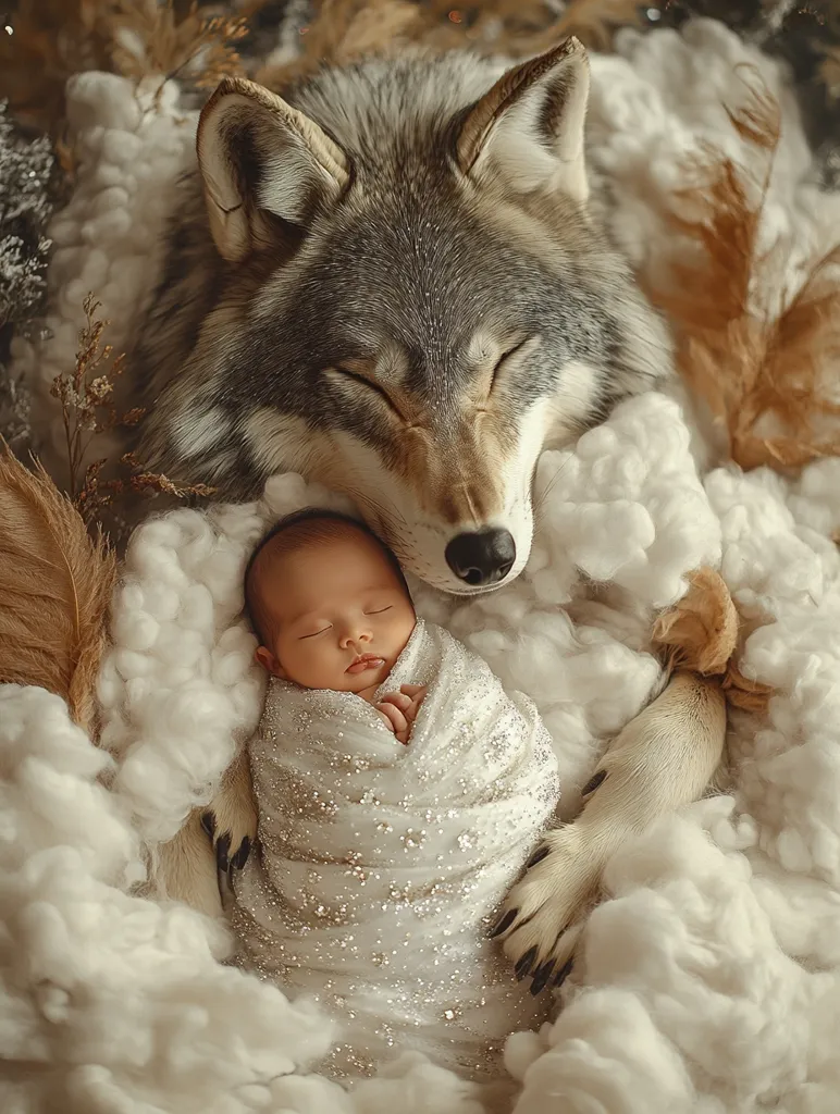 A newborn baby is sleeping peacefully in a white swaddle, nestled in the arms of a wolf. The wolf is also sleeping, its head resting on the baby's head. The baby is surrounded by fluffy white clouds, giving the image a dreamy and ethereal quality. The scene is a beautiful depiction of the bond between animals and humans, and the gentle care that animals can show to young ones.