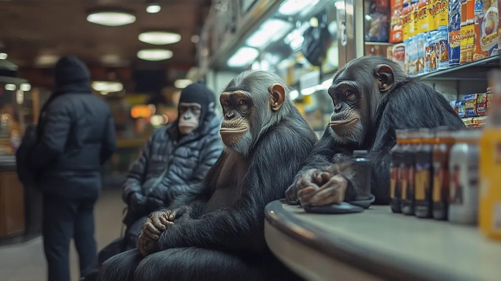 Two chimpanzees sit at a counter in a store, one leaning against the counter and the other looking forward. A human in a black jacket stands to the left of the image. The store shelves are filled with packaged goods. The atmosphere is quiet and contemplative.