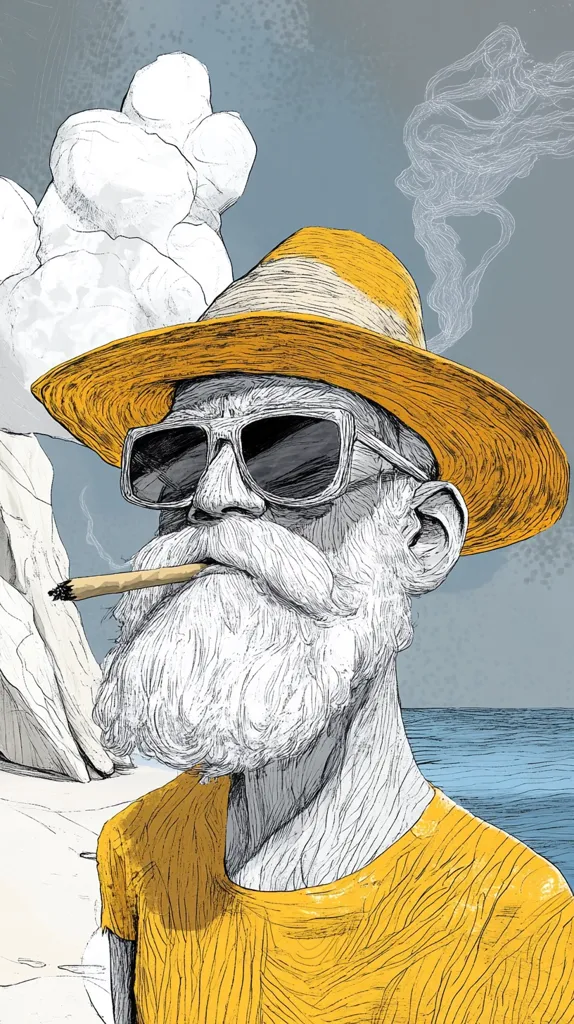 A man with a long white beard and sunglasses is wearing a yellow hat and a yellow shirt. He is smoking a cigarette, and there is a plume of smoke behind him. The image is drawn in a cartoon style. The man is standing in front of a beach with blue water in the background.  The man is looking off to the side. The image is stylized with bold black lines.
