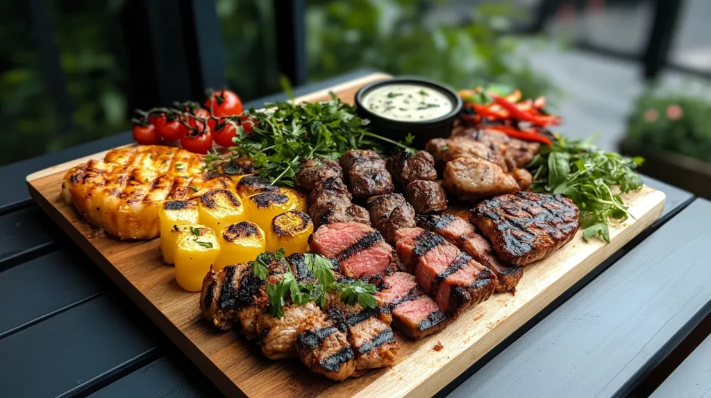 A wooden cutting board is piled high with a delicious-looking assortment of grilled meats, including thick-cut steaks, small cubes of meat, and slices of grilled halloumi cheese.  The board is also adorned with roasted red peppers, grilled yellow peppers, a sprig of parsley, and a small bowl of creamy white sauce.
