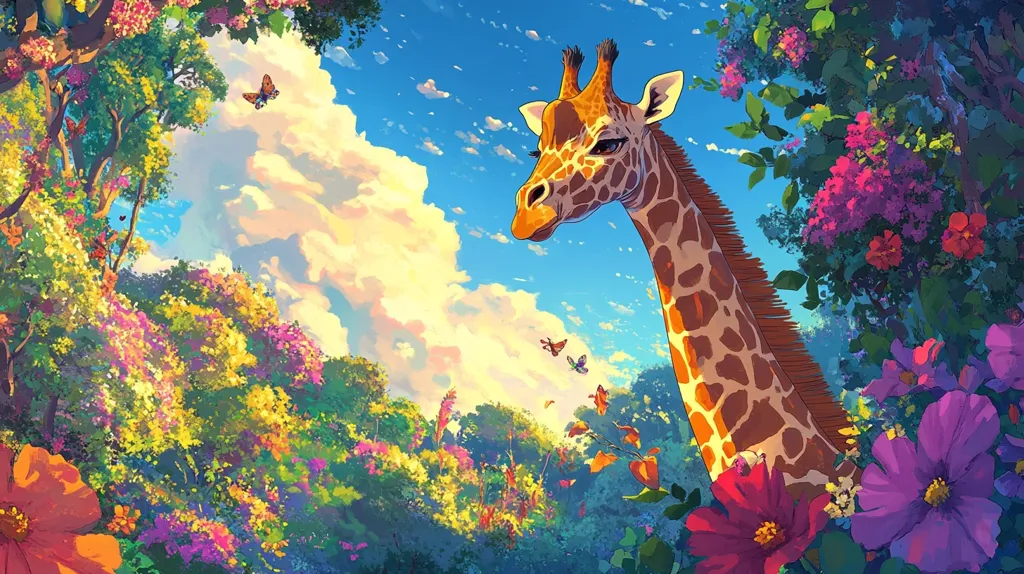 The image depicts a giraffe standing tall against a backdrop of vibrant, colorful flowers and trees. The giraffe's head is tilted down, gazing towards the viewer. The sky is a bright blue, dotted with fluffy white clouds. Butterflies flutter among the flowers, adding to the whimsical feel of the scene. The overall impression is one of vibrant beauty and peaceful tranquility.
