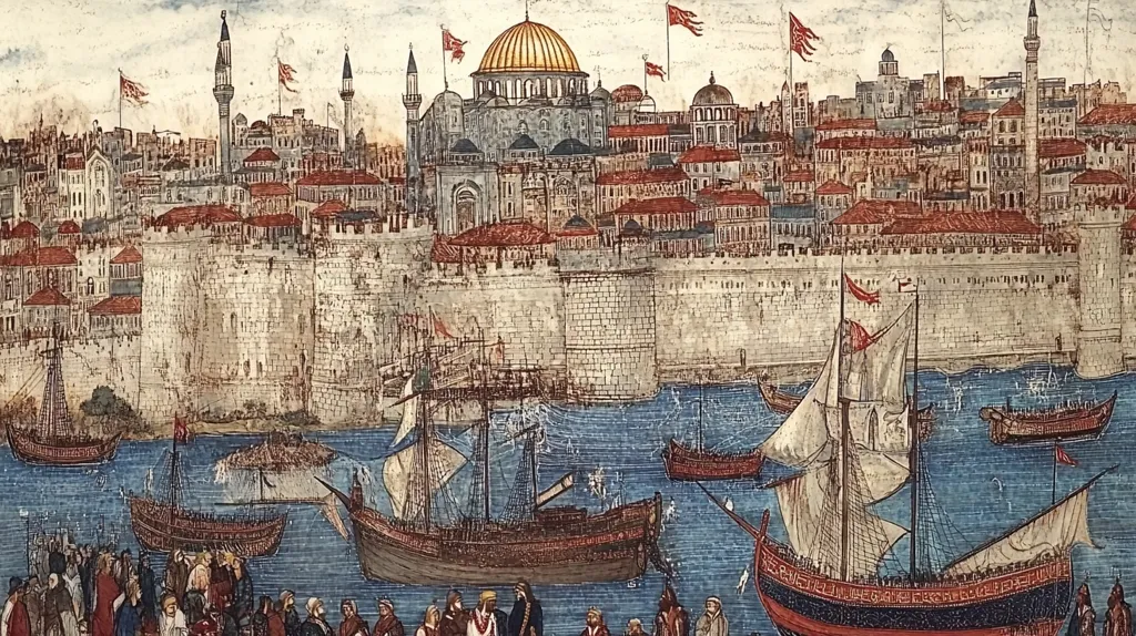 The image depicts a bustling medieval port city, likely Constantinople, with a large fortified wall surrounding the city. Several ships are anchored in the harbor, and many people are gathered on the docks and along the shore.  The city is densely packed with buildings, including several prominent mosques with distinctive domes. Flags flutter in the breeze, adding to the vibrant scene.  The image is a beautiful example of medieval art and provides a glimpse into the vibrant life of a major city during that era.