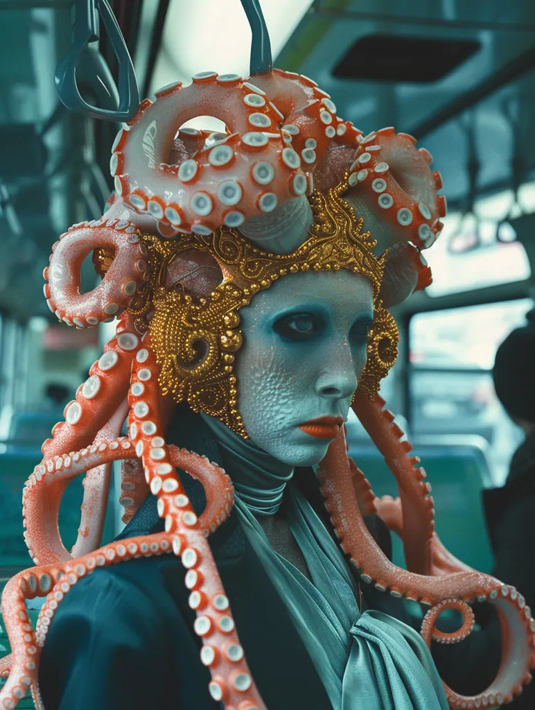 A person wearing a large octopus tentacle headdress with a golden crown. The tentacles are red and white and the crown is ornate. The person’s skin is blue and they have red lips. They are wearing a teal shirt and a black jacket. The background appears to be a bus or train.
