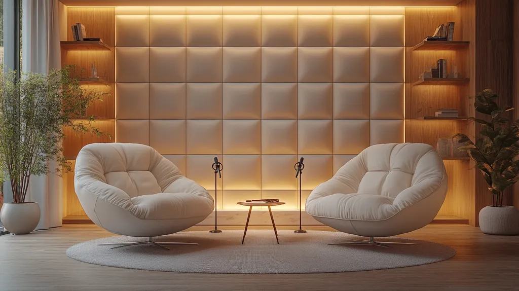 The image shows a modern living room with two white, plush armchairs facing each other, positioned in front of a warm, inviting wall. The wall is adorned with a grid pattern of square panels, accented by soft, ambient lighting. A small wooden coffee table sits between the chairs.  Natural light pours through the window, casting a gentle glow on the room.  Plants add a touch of nature, creating a serene and inviting atmosphere.