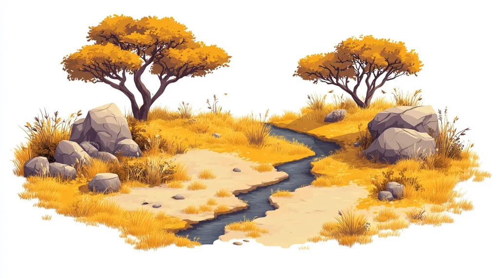A winding stream cuts through a dry, golden grassland. Two trees with yellow leaves stand on either side of the stream, their branches reaching towards the sky. The ground is dotted with grey rocks and patches of tall grass. The scene is set against a clear white background, creating a feeling of peace and serenity.