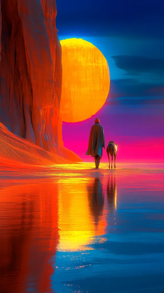 The image depicts a lone figure in a cloak walking across a sandy shore with a camel by their side. In the background, a large, glowing orange sphere hangs in the sky, reflecting on the rippling water, creating a surreal and captivating scene. The vivid colors of the sky and the sand create a striking contrast, suggesting a fantastical, alien landscape.