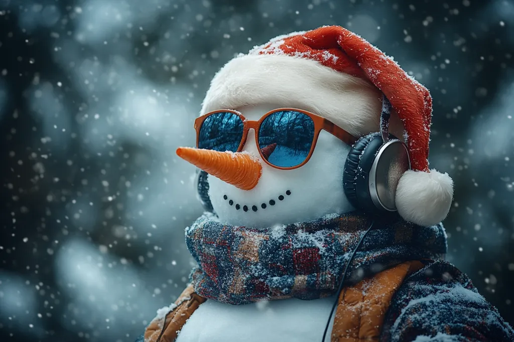 A snowman is wearing a Santa hat, sunglasses, and headphones. It is standing in a snowy forest and is looking to the left. Snow is falling around it. The snowman looks relaxed and content, enjoying the winter wonderland.  The image is light and playful, with a hint of whimsy.
