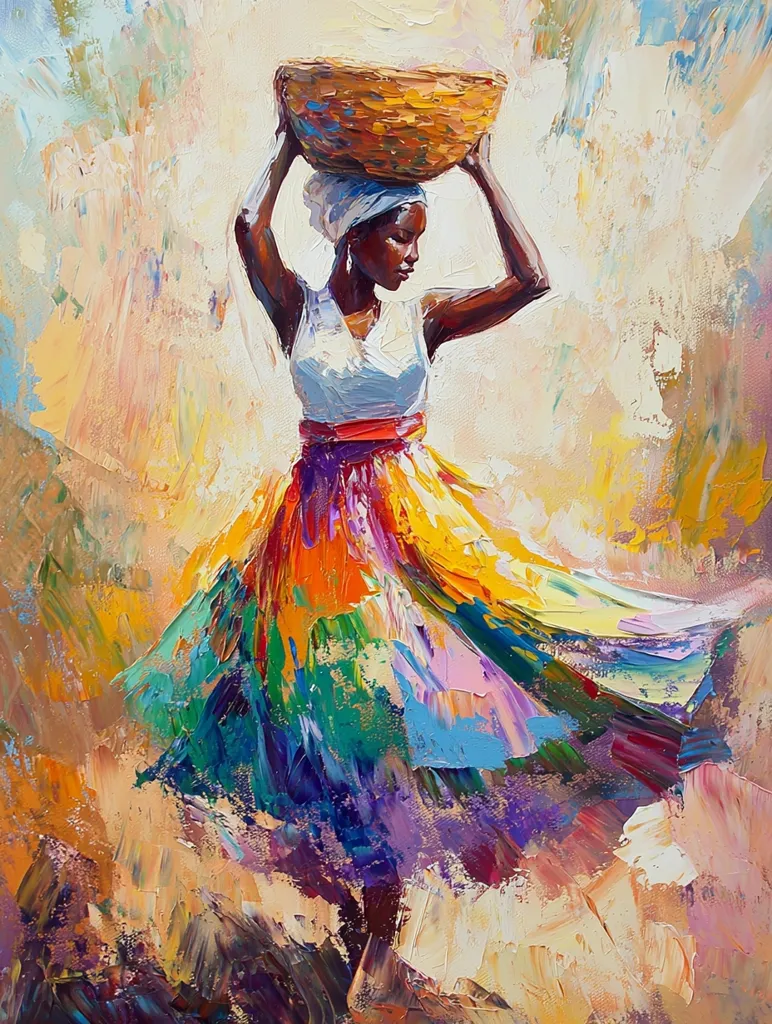 The painting depicts a woman in a colorful dress, carrying a basket on her head. She is walking through a vibrant, abstract landscape with yellow, orange, and green hues. The woman's face is obscured by a headscarf, but her strong posture and determined expression suggest she is on a journey. The use of bold, expressive brushstrokes creates a dynamic and energetic composition. The overall impression is one of resilience, strength, and the enduring spirit of the human journey.