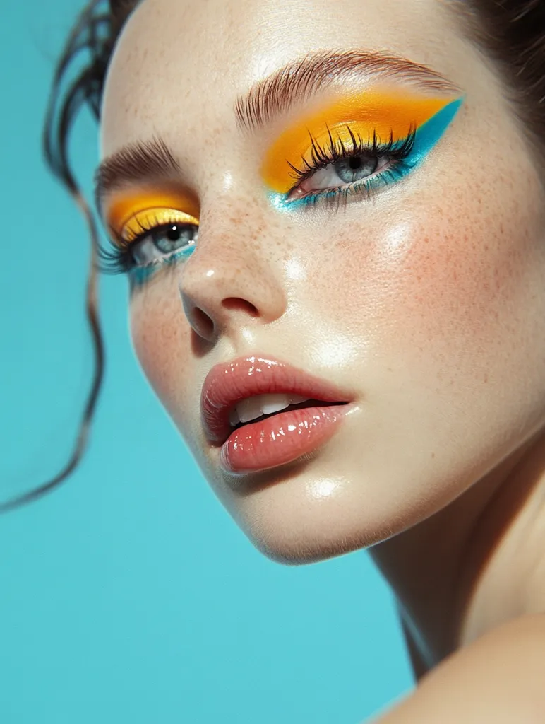 A close-up portrait of a woman with bright yellow and blue eyeshadow and a glossy pink lip. Her skin is pale and freckled, and she is looking directly at the camera. The background is a soft blue. The image is bold and dramatic, showcasing the woman's striking makeup.