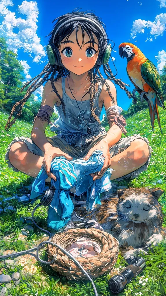A young girl with long black hair, wearing headphones and a blue and white tank top, sits in a field of grass. She holds a blue cloth in her lap and looks at the viewer. A parrot perches on a branch behind her. A dog lies asleep on the grass to her right. The scene is bright and sunny with a blue sky and white clouds.