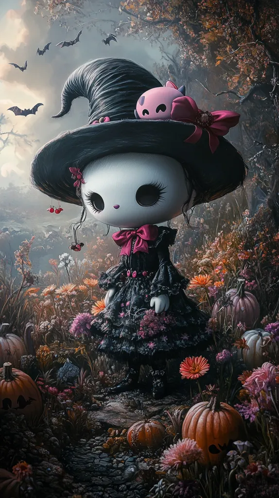 A whimsical, doll-like figure with large eyes and a wide-brimmed hat stands in a forest setting. She wears a black dress with a pink bow and a black witch's hat adorned with a pink cat. The forest is filled with a variety of colorful flowers and pumpkins. Bats fly overhead, adding to the enchanting atmosphere. The image evokes a sense of Halloween magic and whimsy.