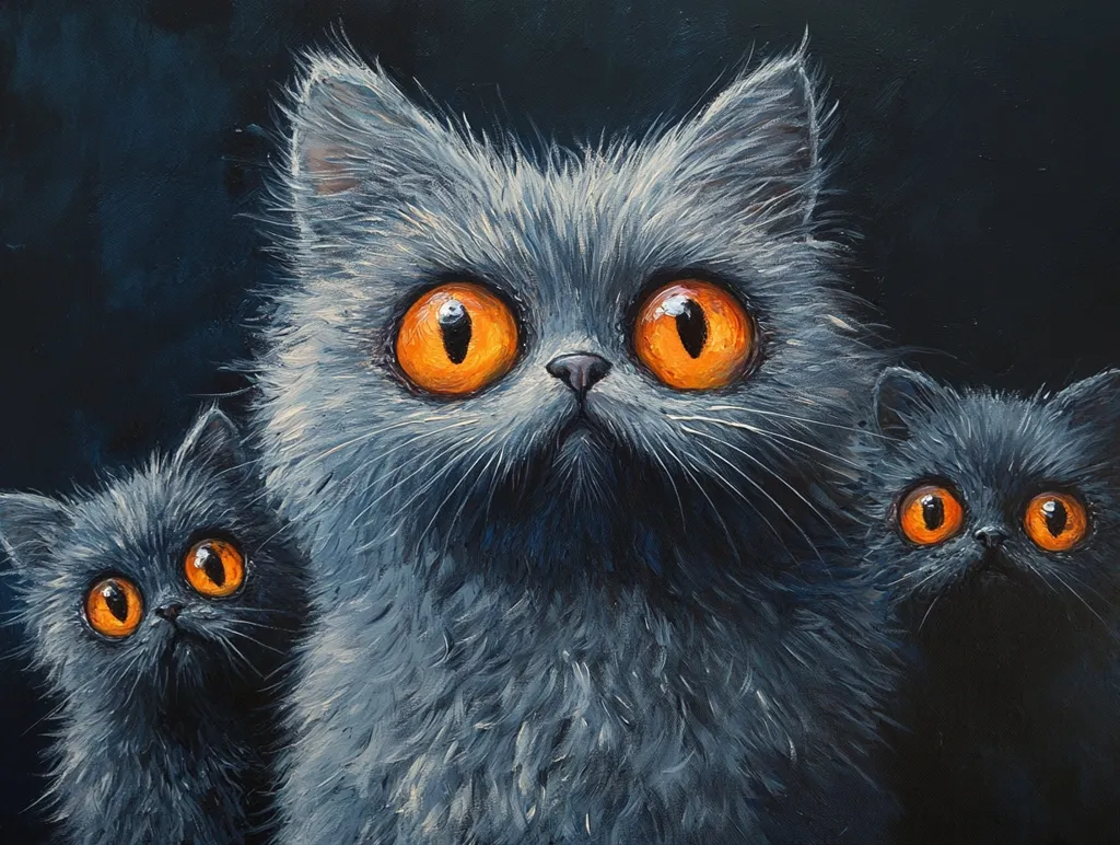 A painting of three grey cats with large, round, orange eyes. They are all looking at something off-screen. The largest cat is in the center and is the most detailed. The smaller two cats are partially obscured by the larger cat. The background is a dark blue. The painting has a slightly eerie feel.  It is likely an oil painting.  The artist captured the personality of the animals through their expressions.